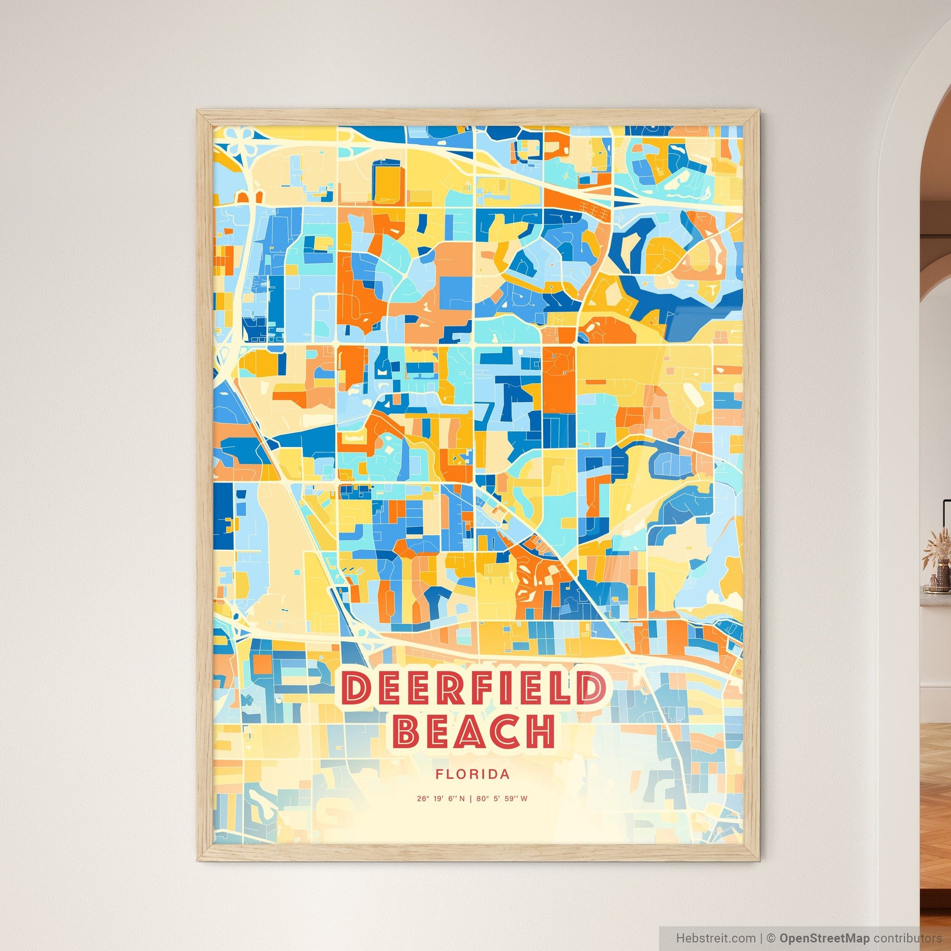 Colorful Deerfield Beach Florida Fine Art Map Blue Orange