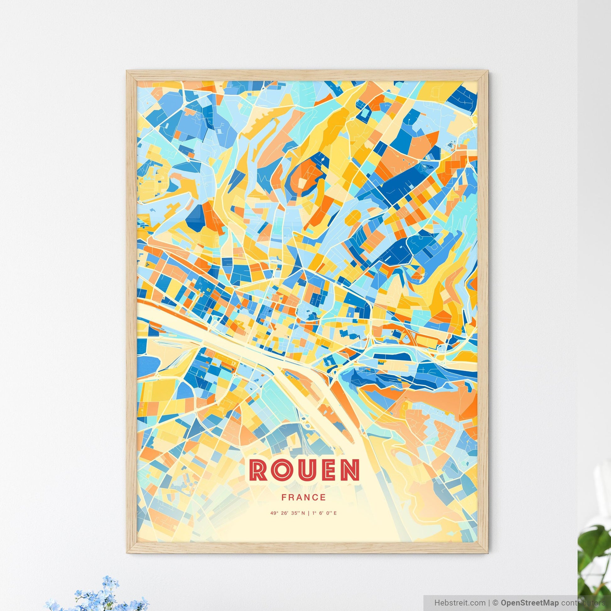 Colorful Rouen France Fine Art Map Blue Orange