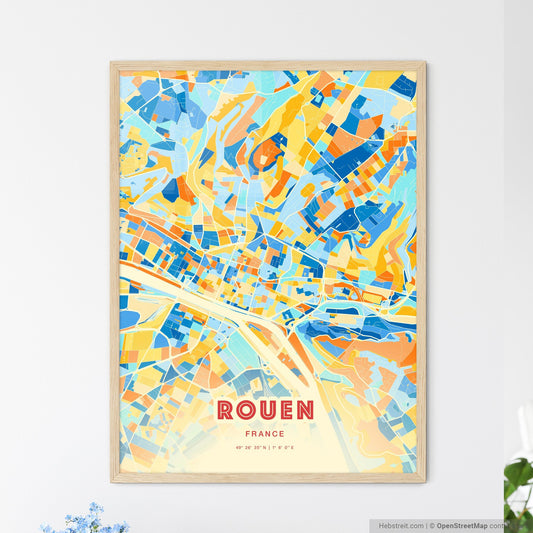 Colorful Rouen France Fine Art Map Blue Orange
