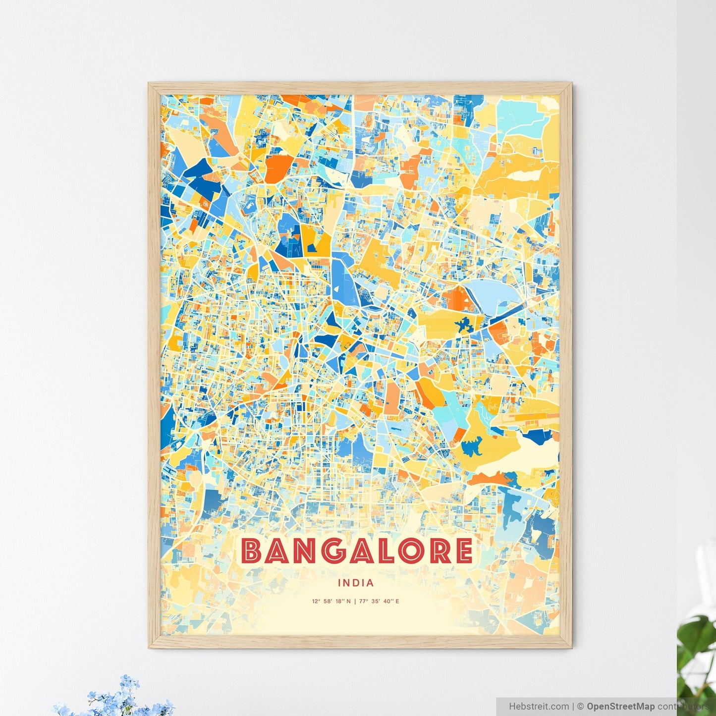 Colorful Bangalore India Fine Art Map Blue Orange