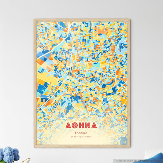 Colorful Athens Greece Fine Art Map Blue Orange