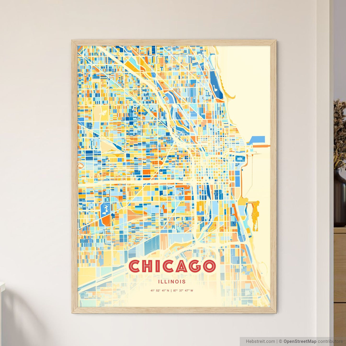 Colorful Chicago Illinois Fine Art Map Blue Orange