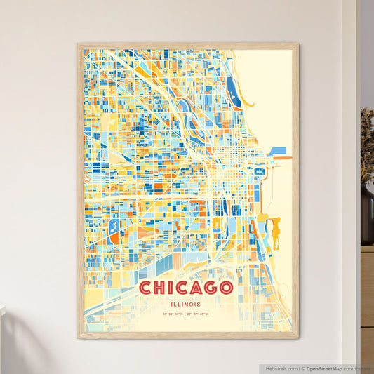 Colorful Chicago Illinois Fine Art Map Blue Orange