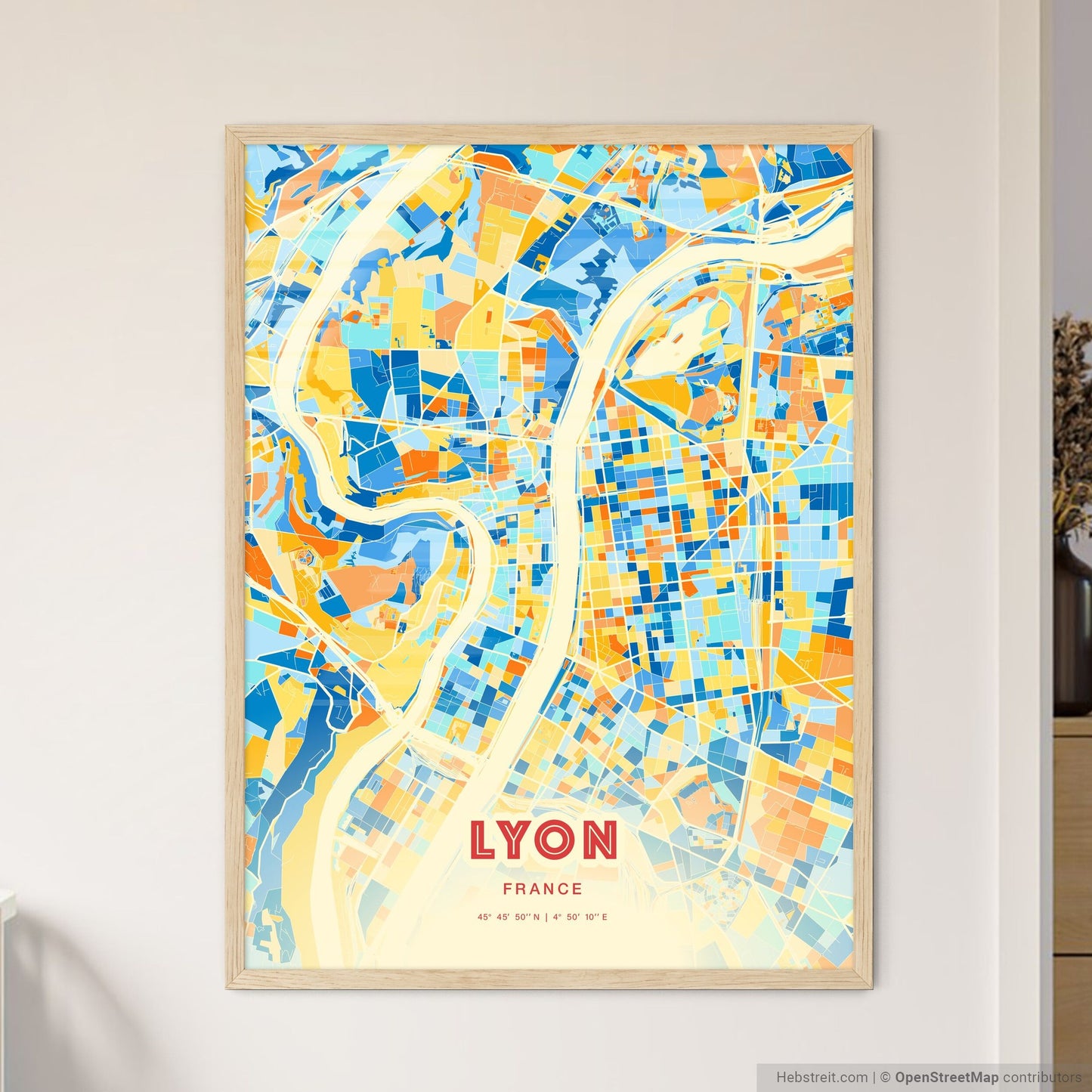 Colorful Lyon France Fine Art Map Blue Orange