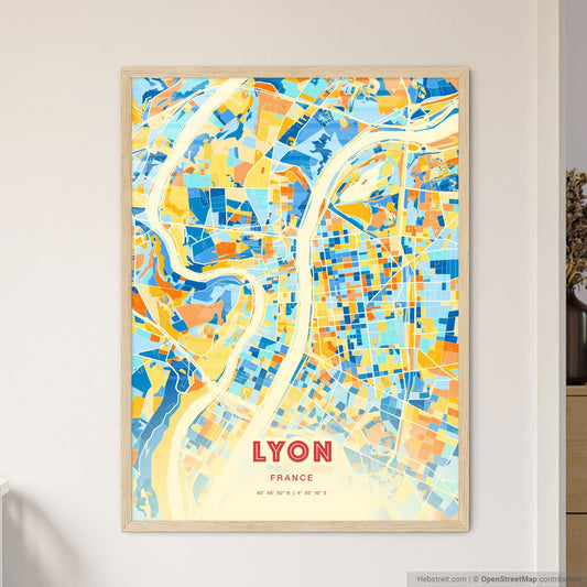Colorful Lyon France Fine Art Map Blue Orange