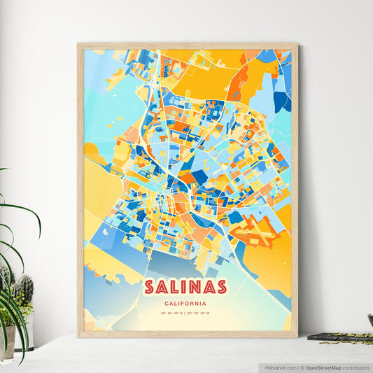 Colorful Salinas California Fine Art Map Blue Orange