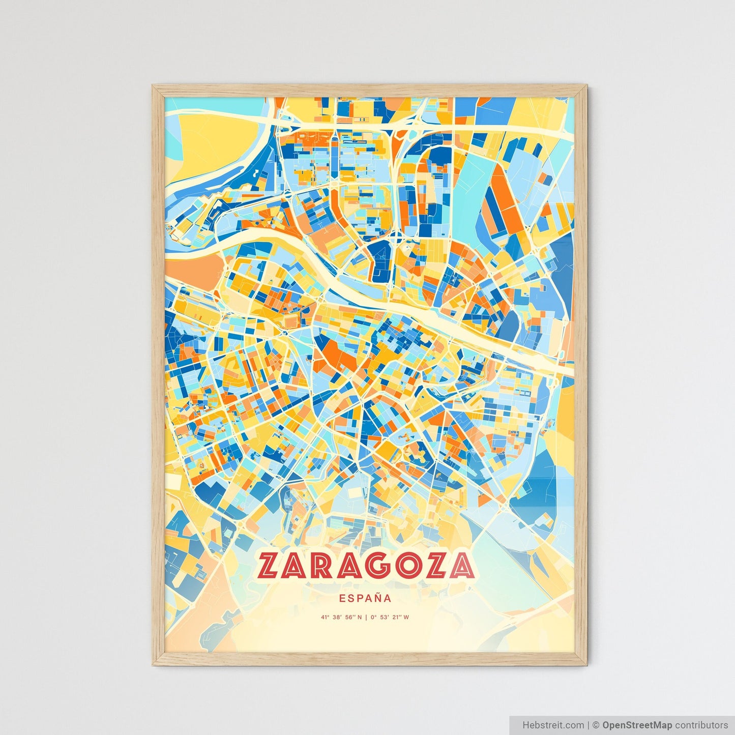 Colorful Zaragoza Spain Fine Art Map Blue Orange