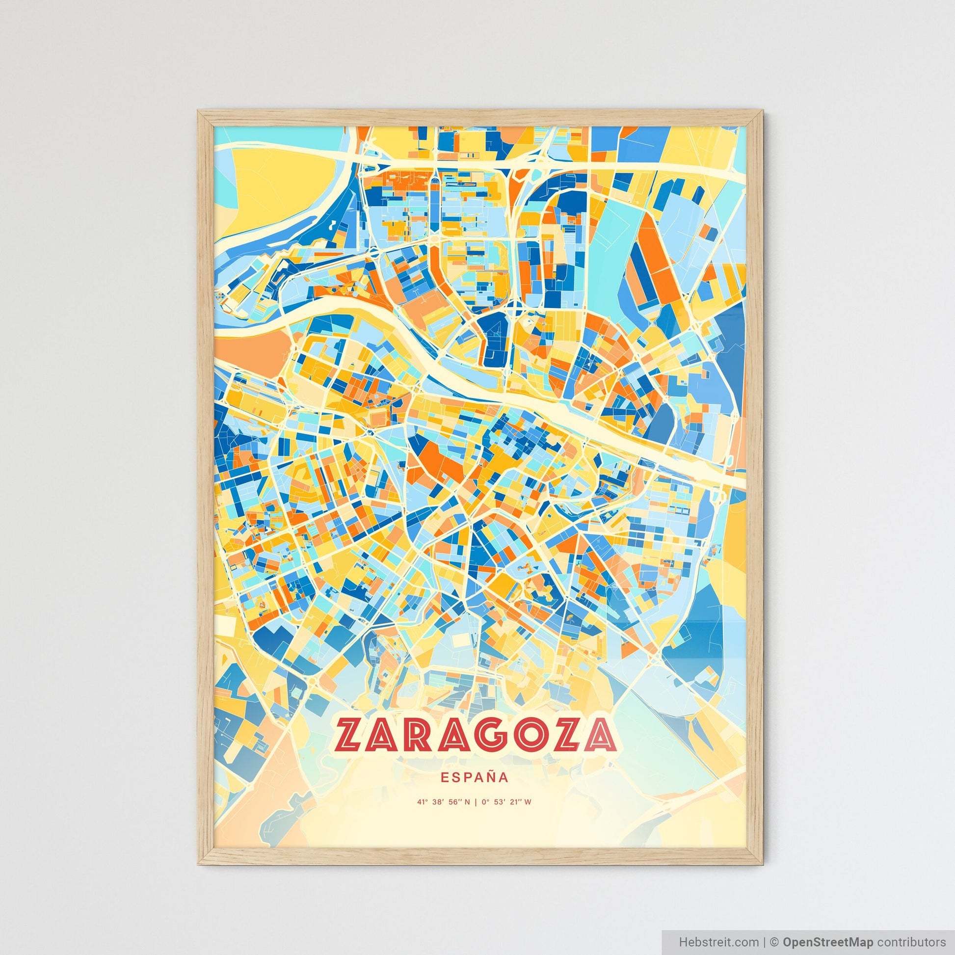 Colorful Zaragoza Spain Fine Art Map Blue Orange