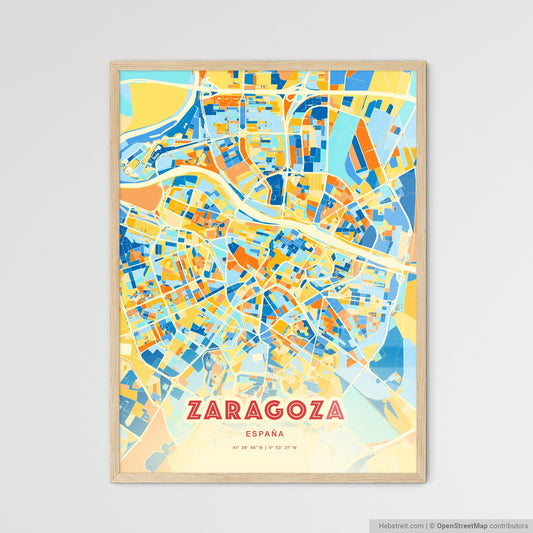 Colorful Zaragoza Spain Fine Art Map Blue Orange