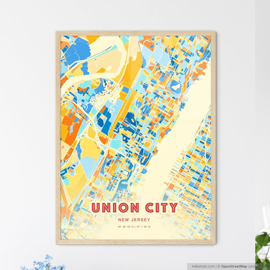 Colorful Union City New Jersey Fine Art Map Blue Orange