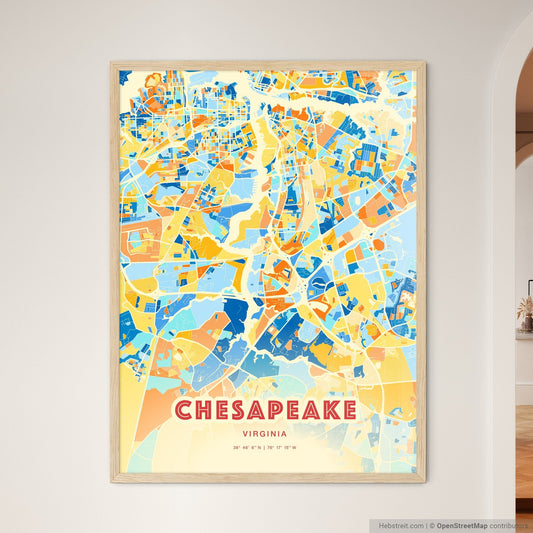 Colorful Chesapeake Virginia Fine Art Map Blue Orange