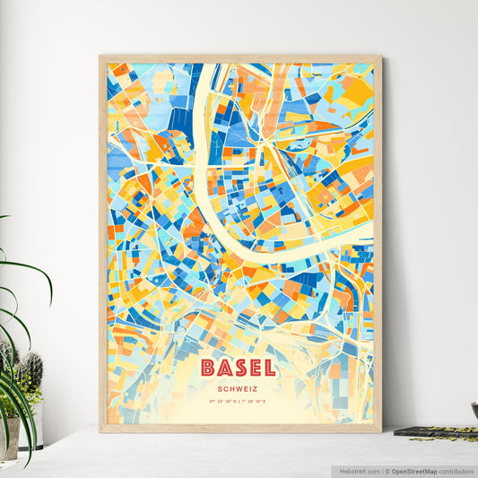 Colorful Basel Switzerland Fine Art Map Blue Orange