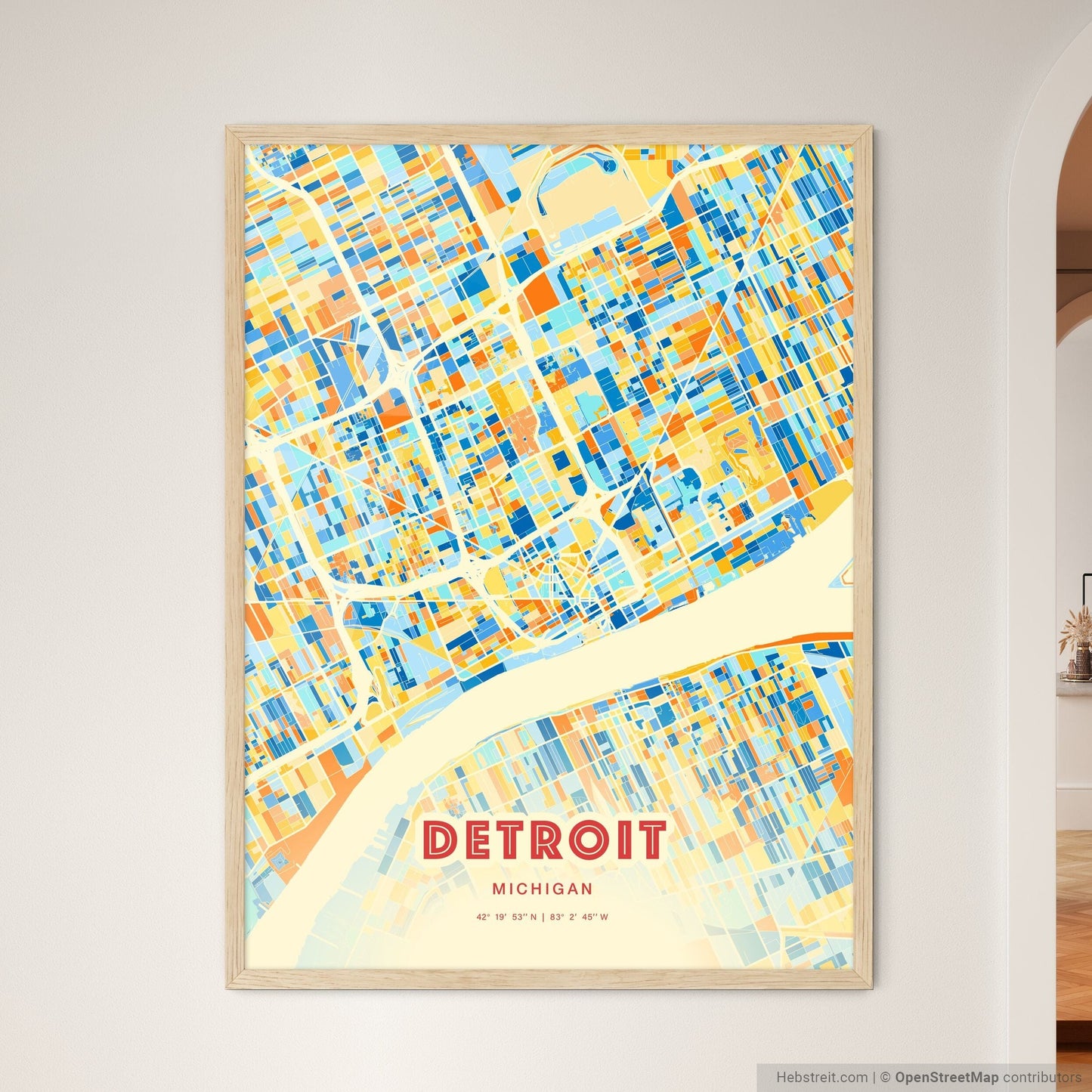 Colorful Detroit Michigan Fine Art Map Blue Orange