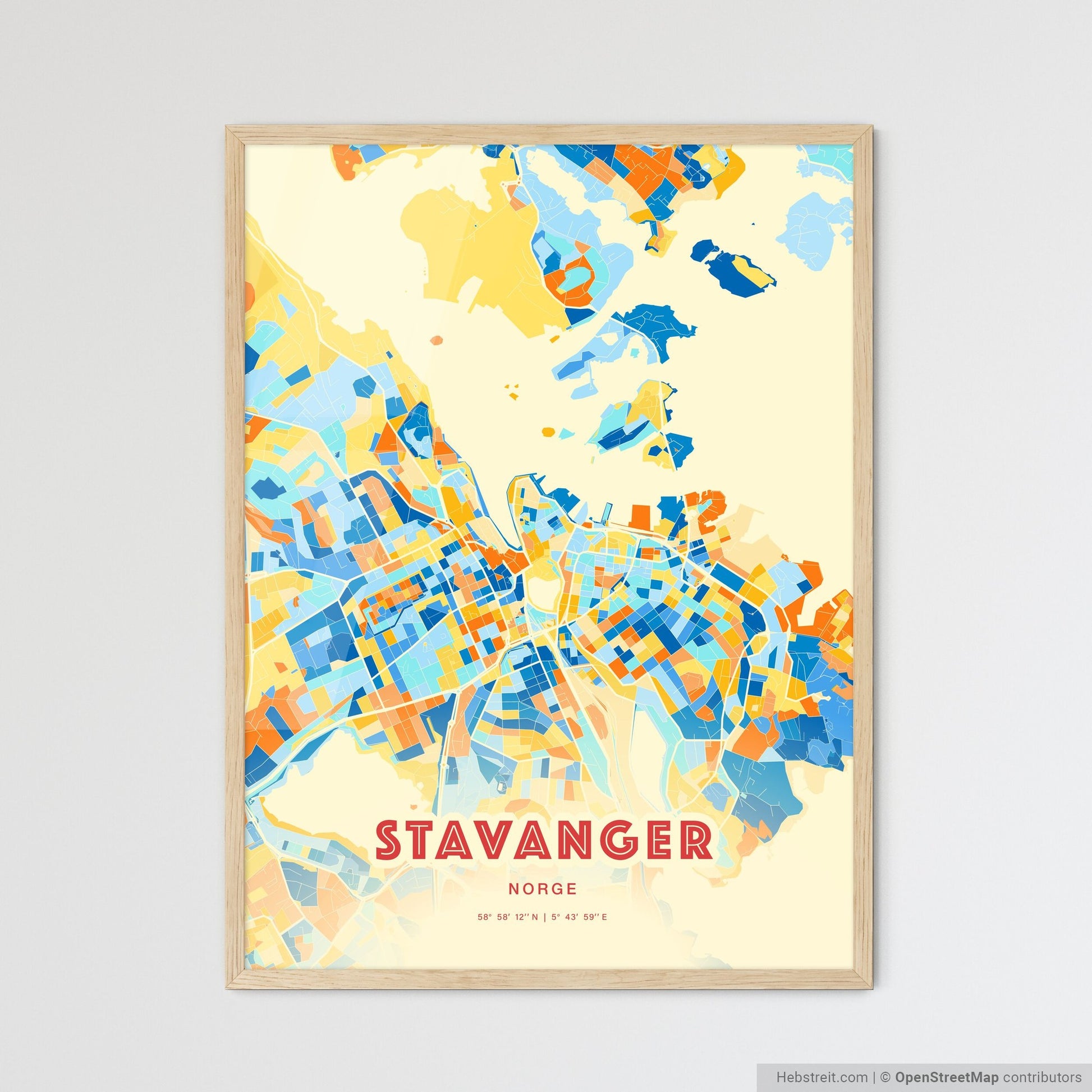 Colorful Stavanger Norway Fine Art Map Blue Orange