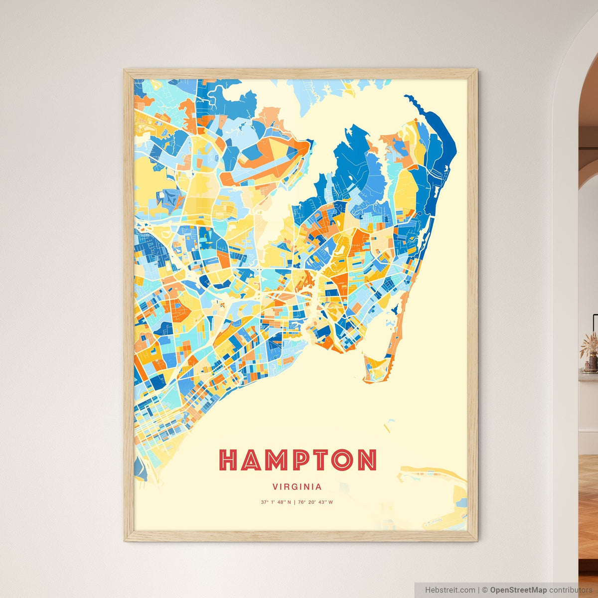 Colorful Hampton Virginia Fine Art Map Blue Orange