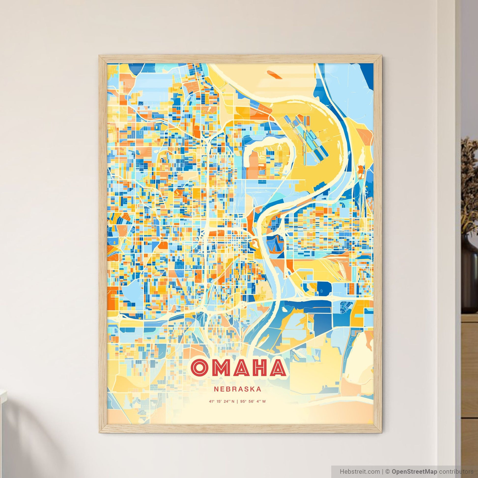 Colorful Omaha Nebraska Fine Art Map Blue Orange