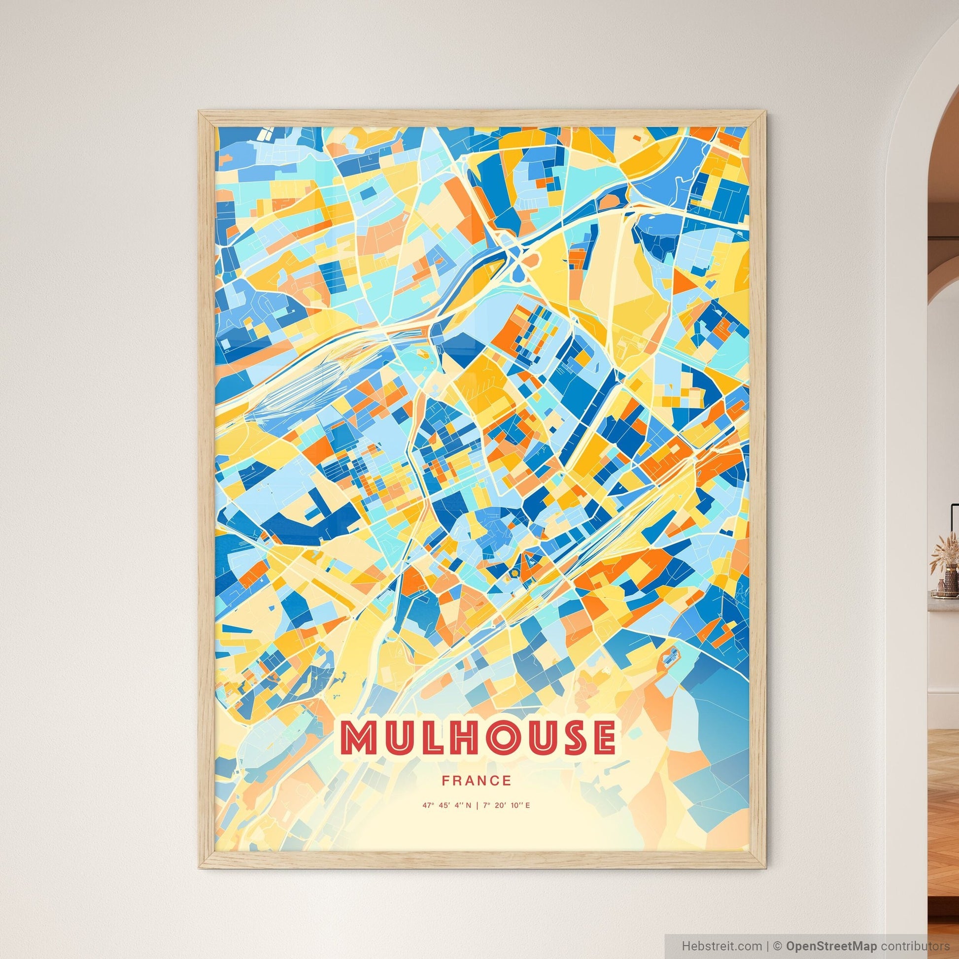 Colorful Mulhouse France Fine Art Map Blue Orange