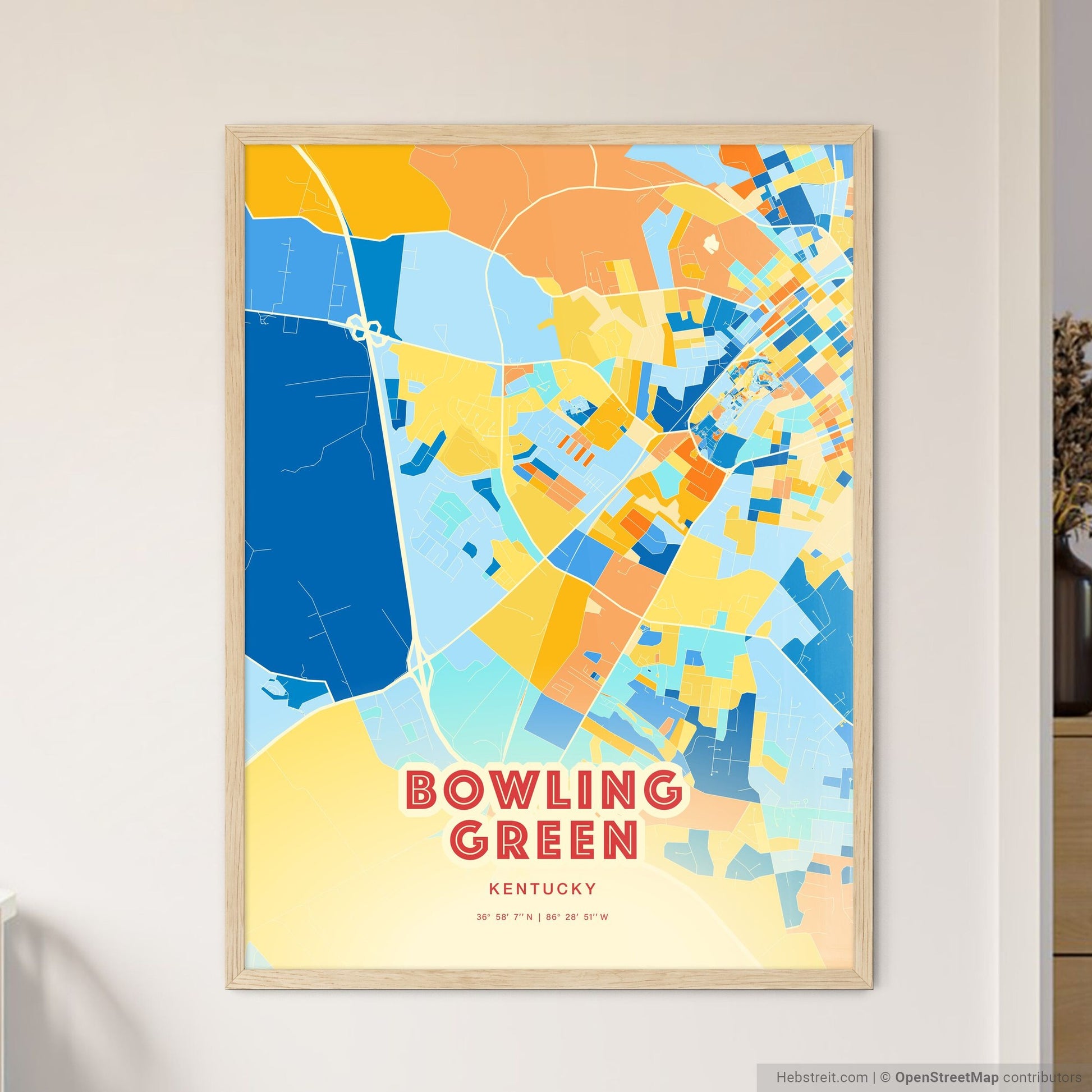 Colorful BOWLING GREEN KENTUCKY Fine Art Map Blue Orange