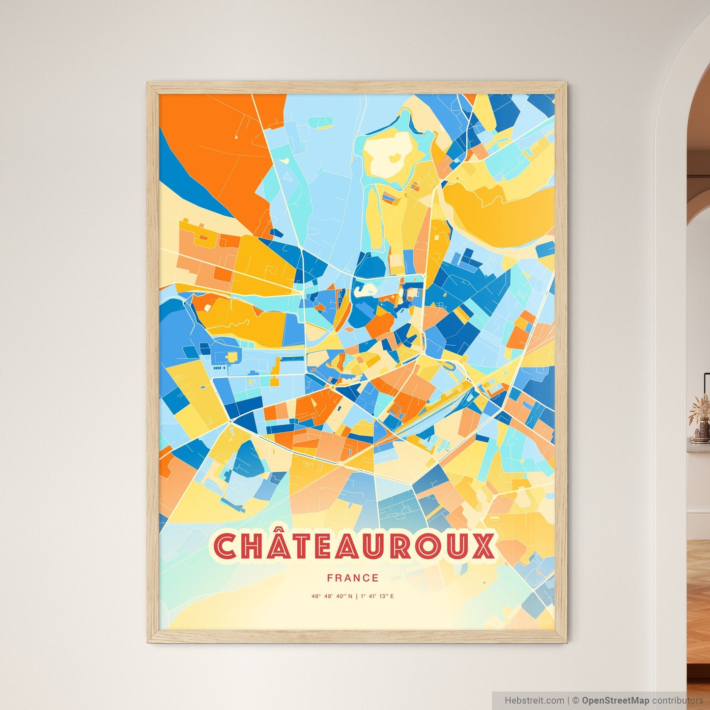 Colorful CHÂTEAUROUX FRANCE Fine Art Map Blue Orange