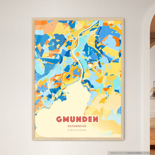 Colorful GMUNDEN AUSTRIA Fine Art Map Blue Orange