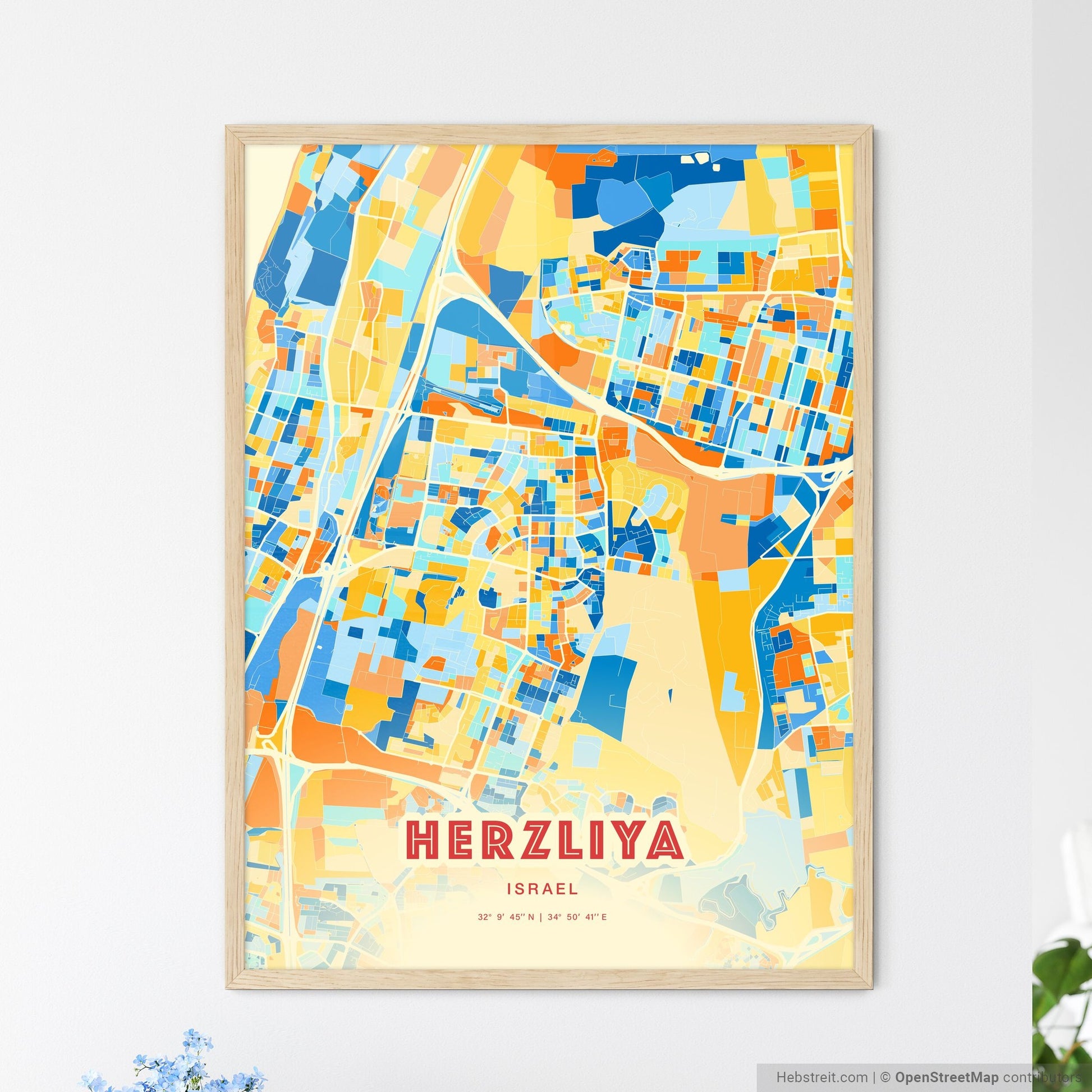 Colorful HERZLIYA ISRAEL Fine Art Map Blue Orange