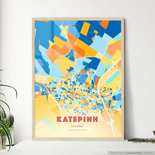 Colorful KATERINI GREECE Fine Art Map Blue Orange