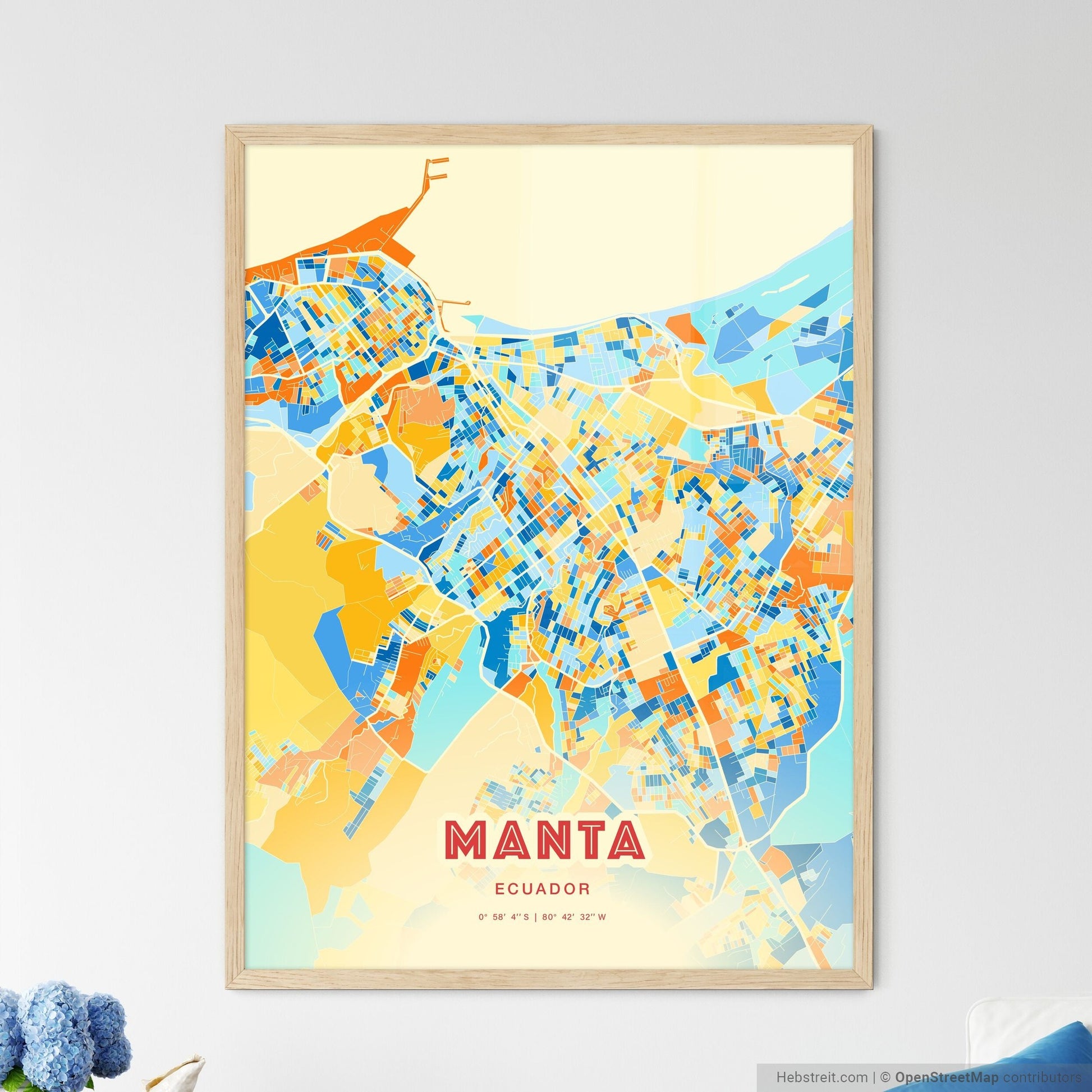 Colorful MANTA ECUADOR Fine Art Map Blue Orange