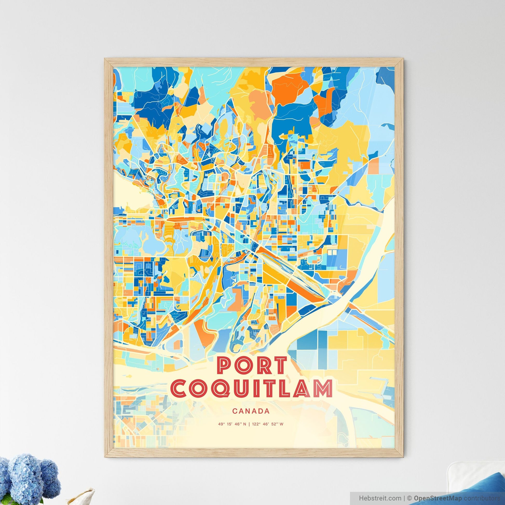 Colorful PORT COQUITLAM CANADA Fine Art Map Blue Orange