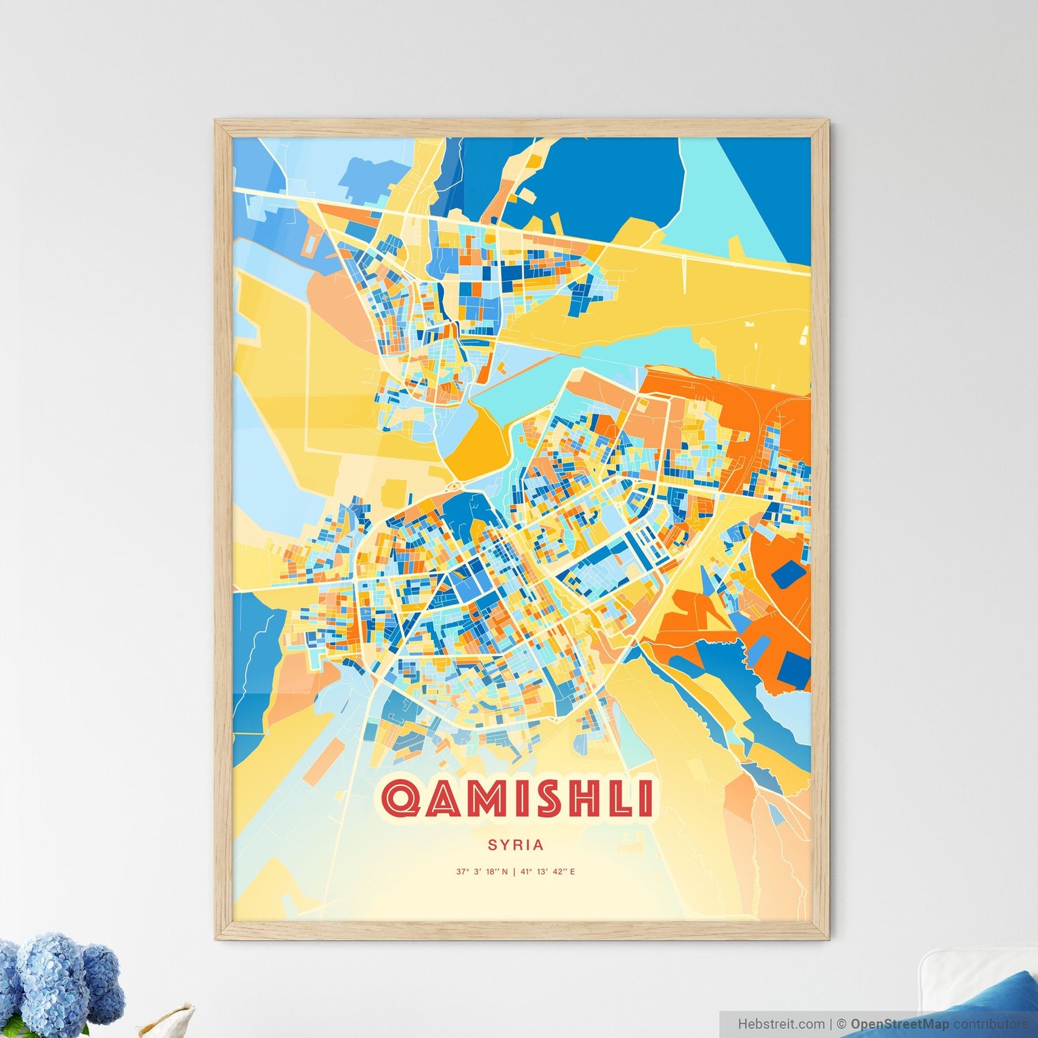 Colorful QAMISHLI SYRIA Fine Art Map Blue Orange