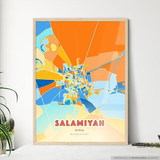 Colorful SALAMIYAH SYRIA Fine Art Map Blue Orange