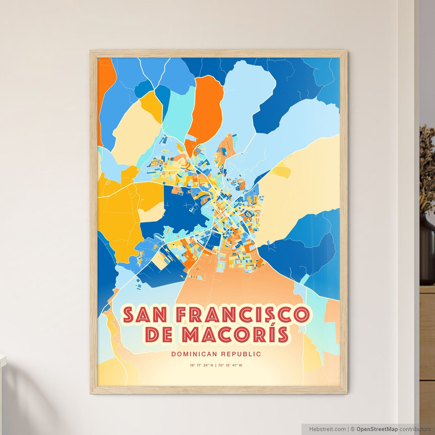 Colorful SAN FRANCISCO DE MACORÍS DOMINICAN REPUBLIC Fine Art Map Blue Orange