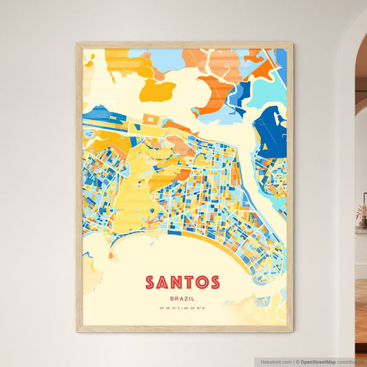 Colorful SANTOS BRAZIL Fine Art Map Blue Orange