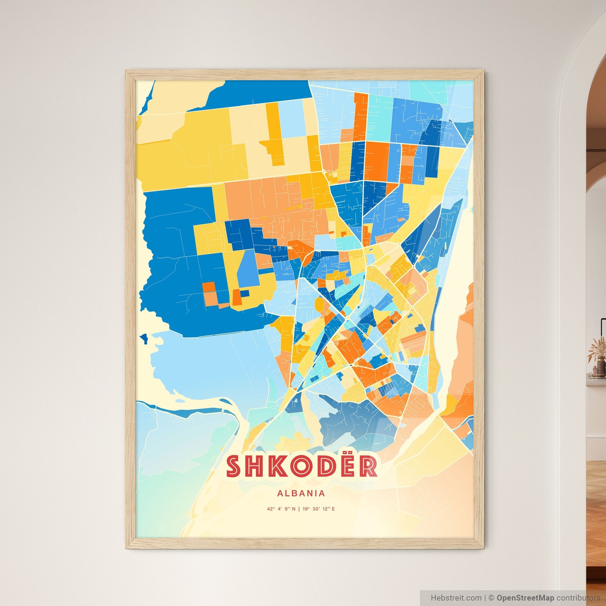 Colorful SHKODËR ALBANIA Fine Art Map Blue Orange