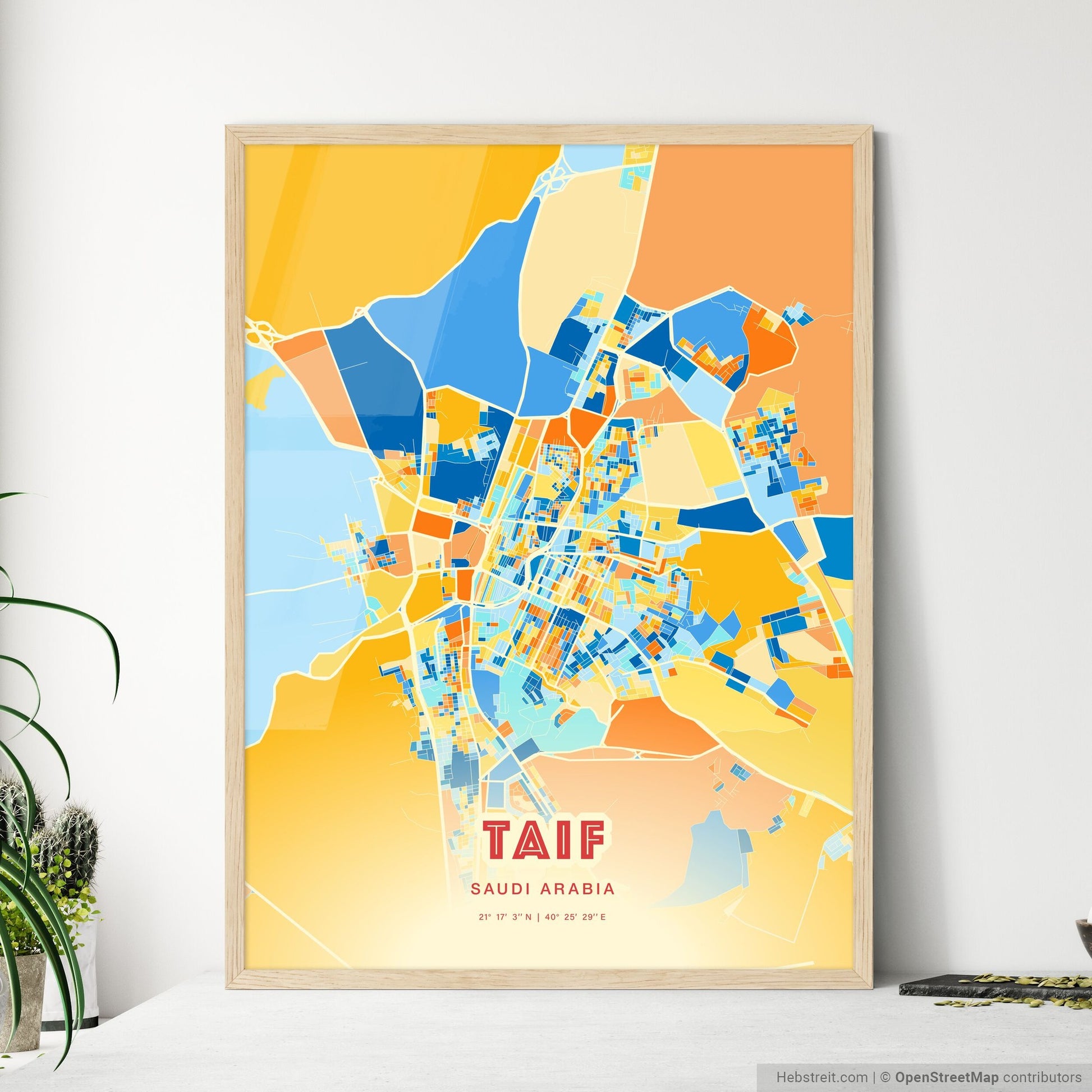 Colorful TAIF SAUDI ARABIA Fine Art Map Blue Orange