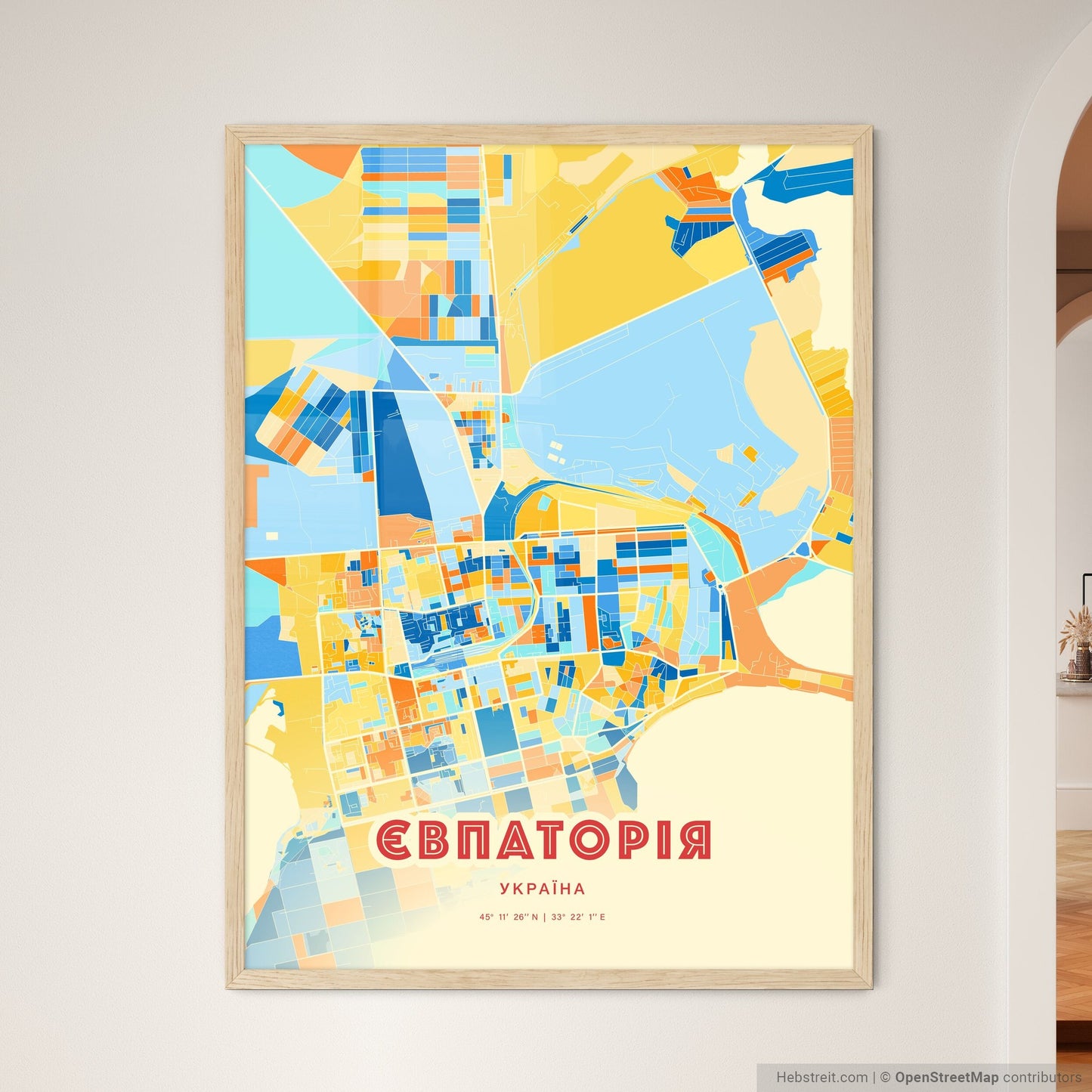 Colorful YEVPATORIA UKRAINE Fine Art Map Blue Orange