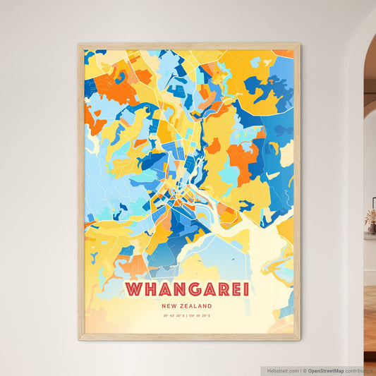 Colorful WHANGAREI NEW ZEALAND Fine Art Map Blue Orange
