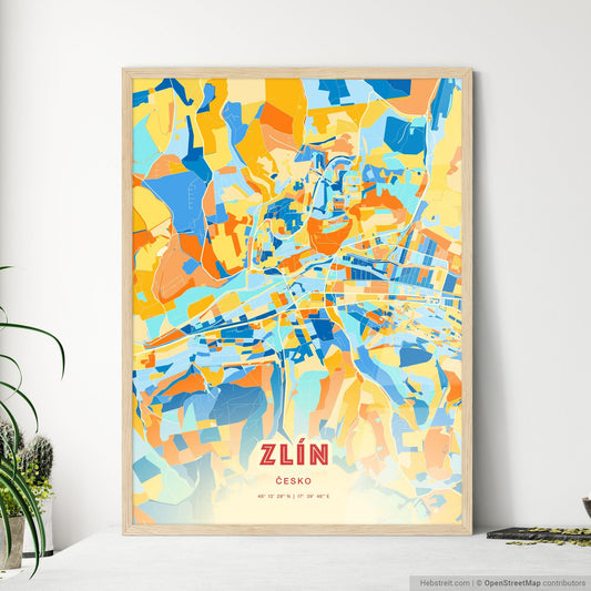 Colorful ZLÍN CZECHIA Fine Art Map Blue Orange