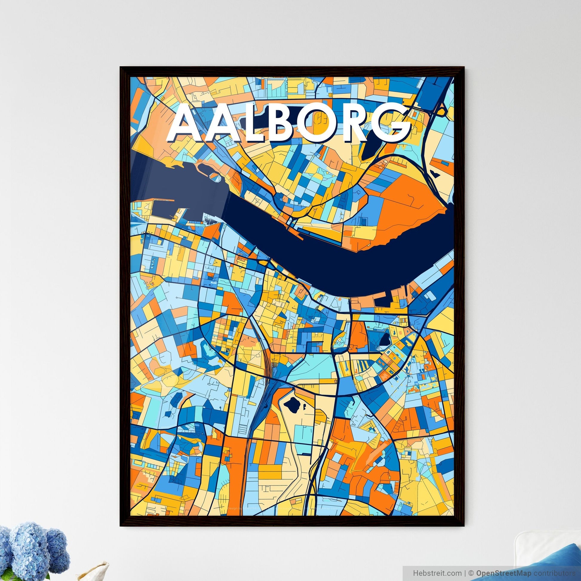 AALBORG DENMARK Vibrant Colorful Art Map Poster Blue Orange