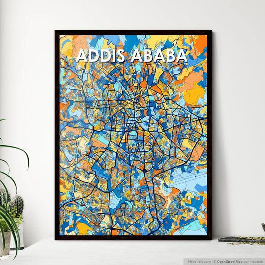 ADDIS ABABA ETHIOPIA Vibrant Colorful Art Map Poster Blue Orange
