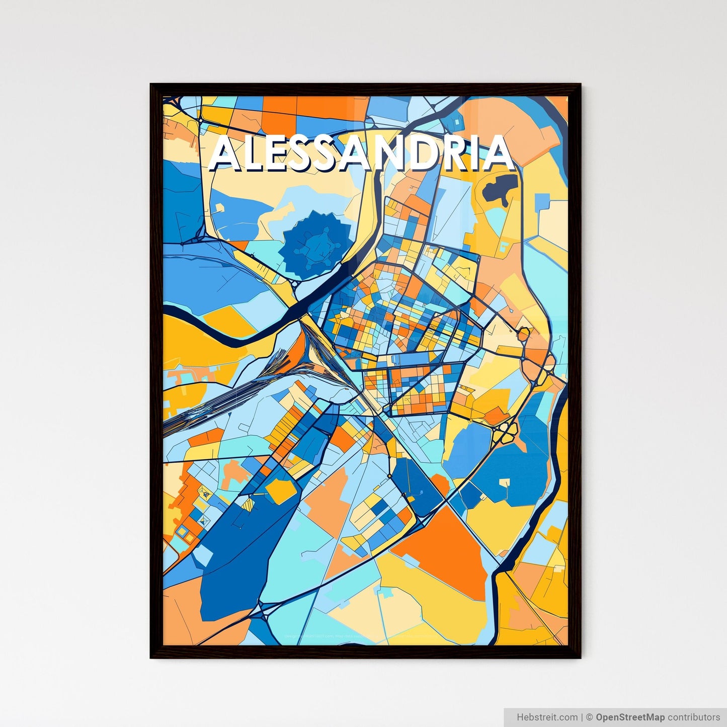 ALESSANDRIA ITALY Vibrant Colorful Art Map Poster Blue Orange