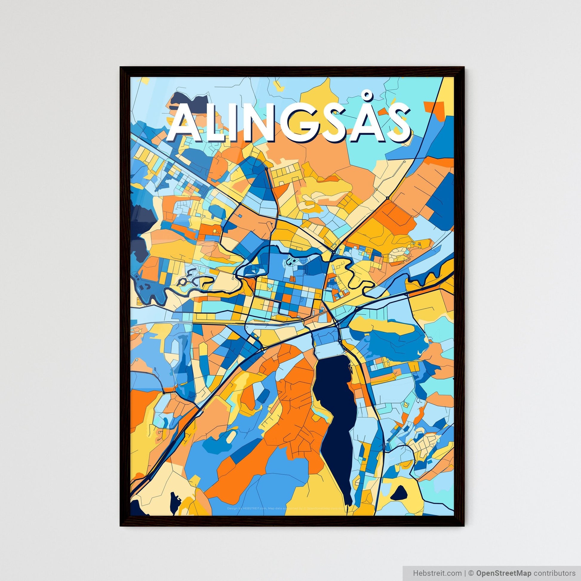 ALINGSÅS SWEDEN Vibrant Colorful Art Map Poster Blue Orange
