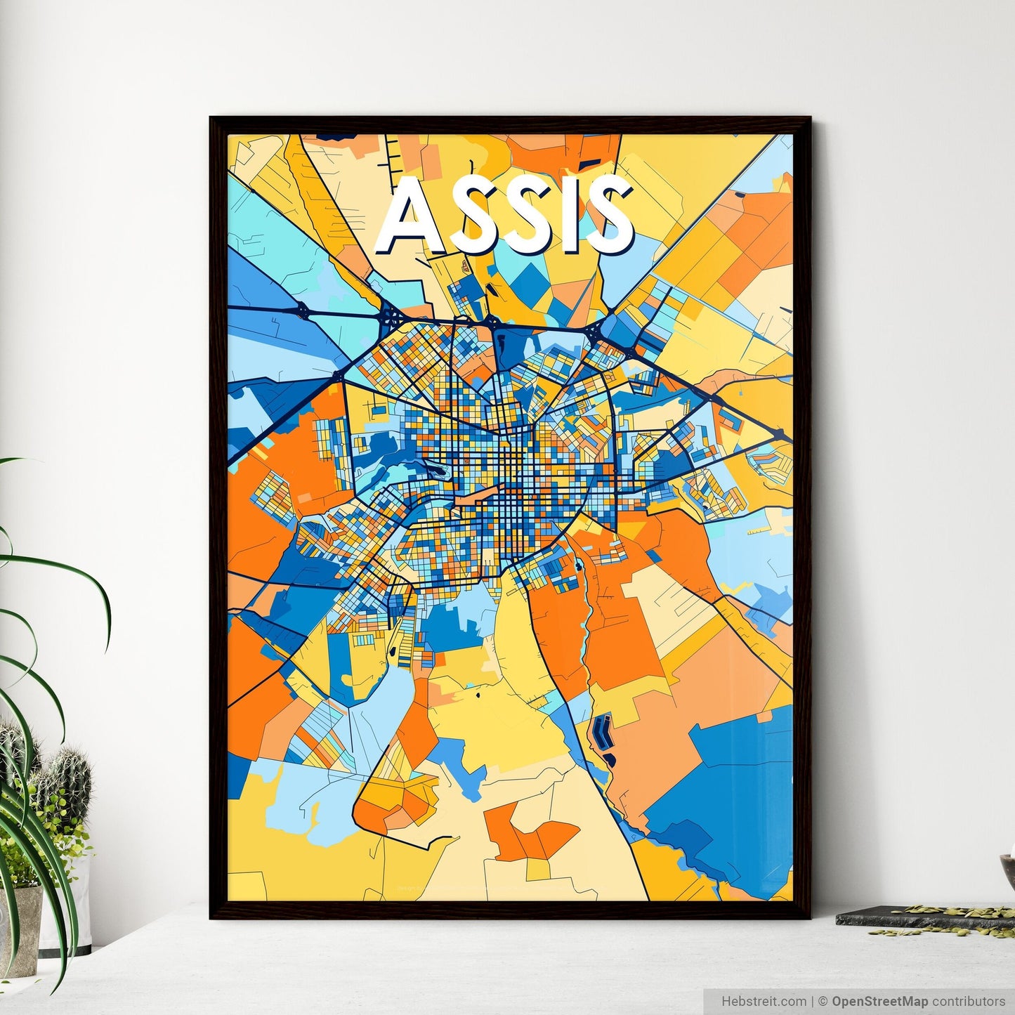 ASSIS BRAZIL Vibrant Colorful Art Map Poster Blue Orange