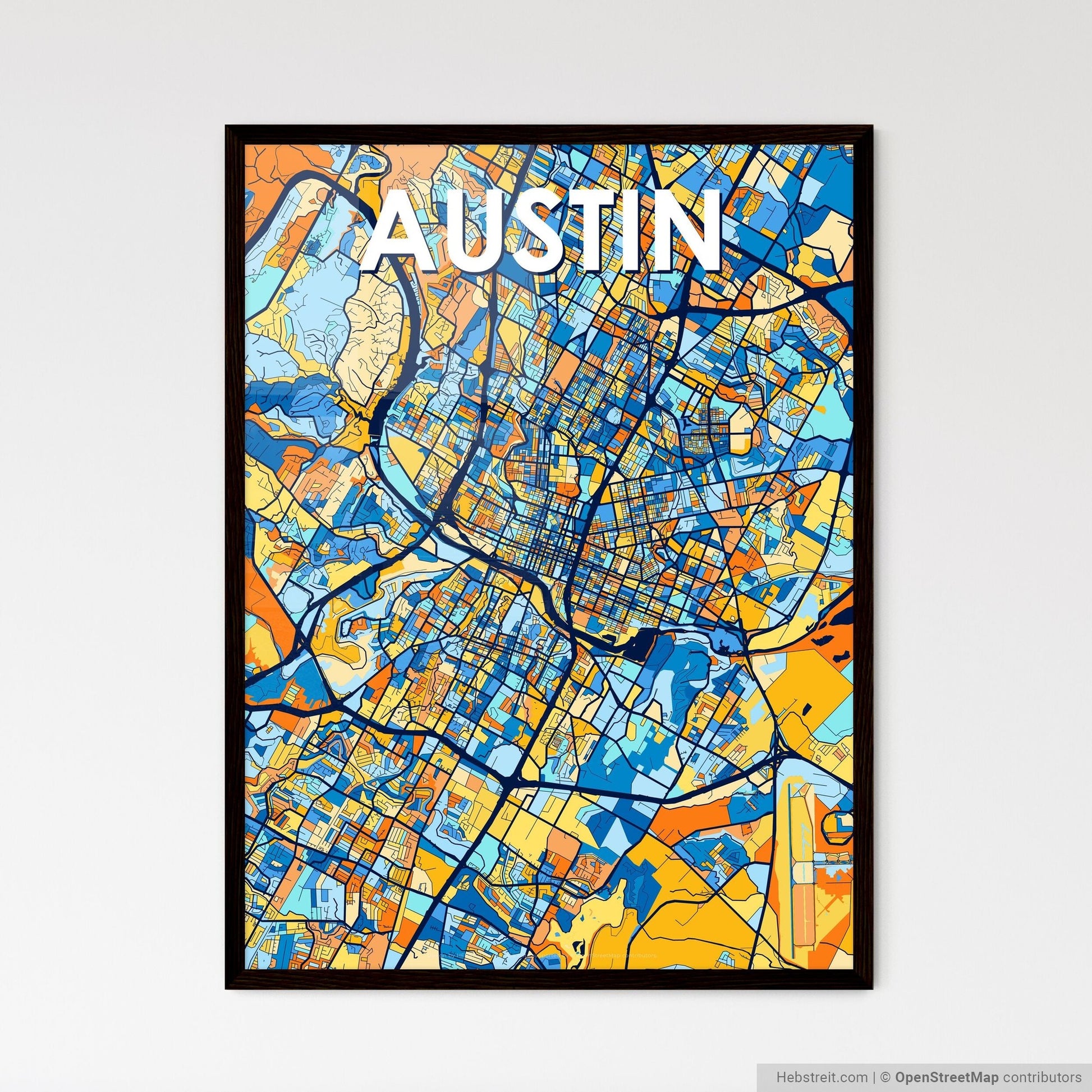 AUSTIN TEXAS Vibrant Colorful Art Map Poster Blue Orange