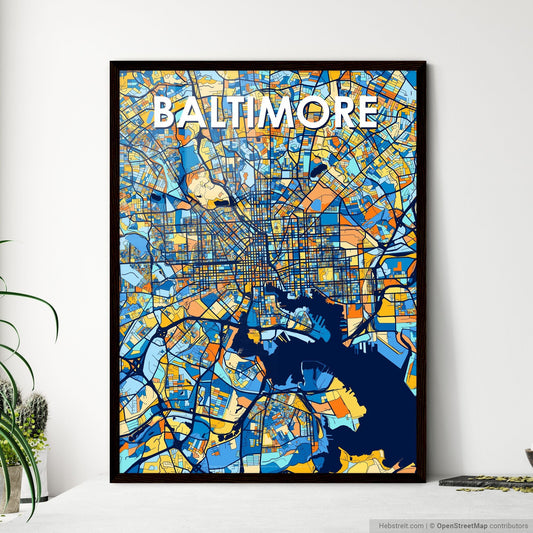 BALTIMORE MARYLAND Vibrant Colorful Art Map Poster Blue Orange