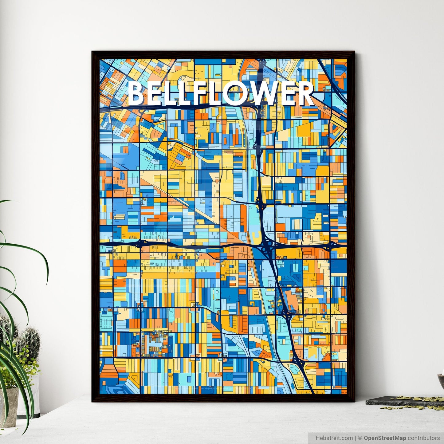 BELLFLOWER CALIFORNIA Vibrant Colorful Art Map Poster Blue Orange