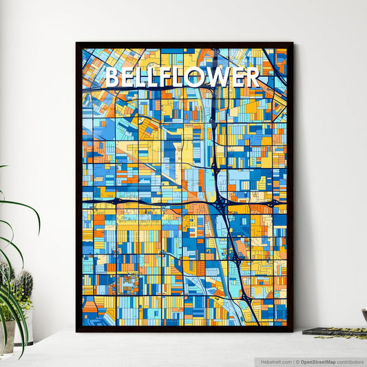BELLFLOWER CALIFORNIA Vibrant Colorful Art Map Poster Blue Orange