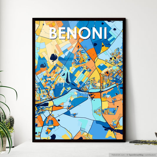 BENONI SOUTH AFRICA Vibrant Colorful Art Map Poster Blue Orange