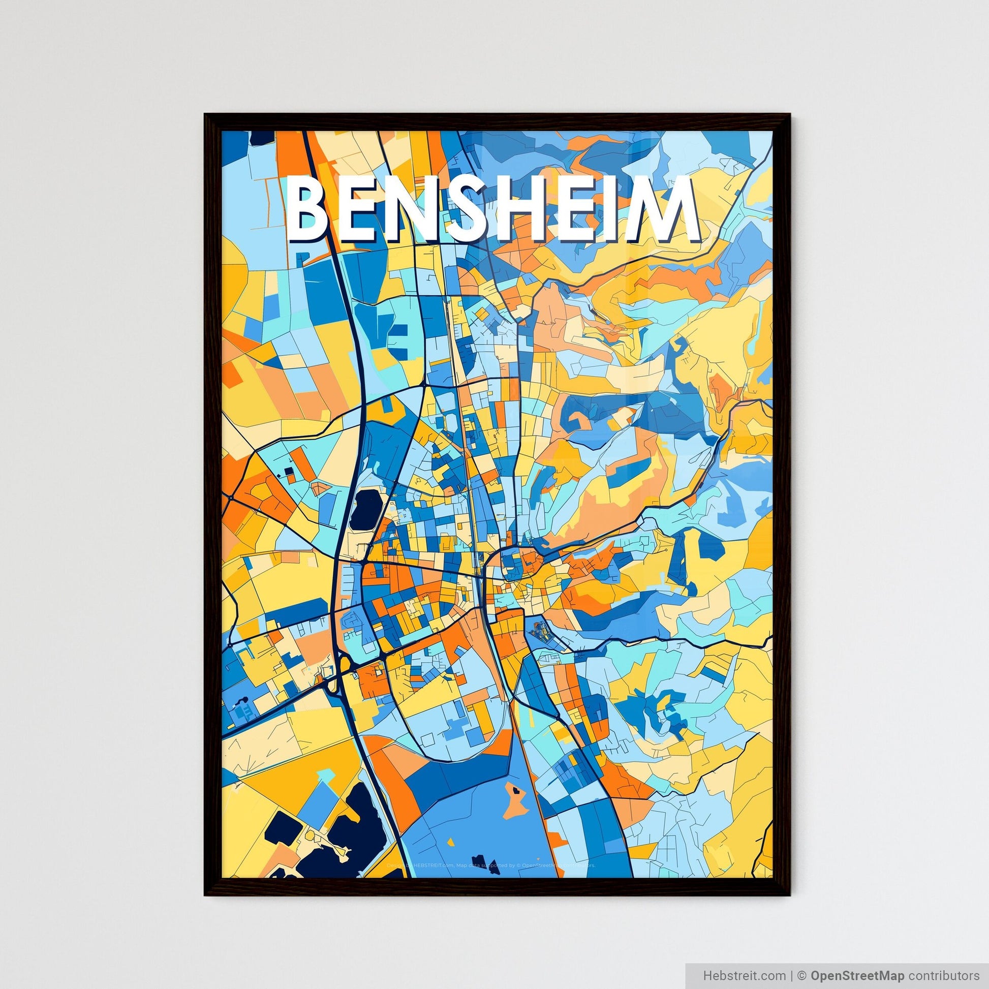 BENSHEIM GERMANY Vibrant Colorful Art Map Poster Blue Orange