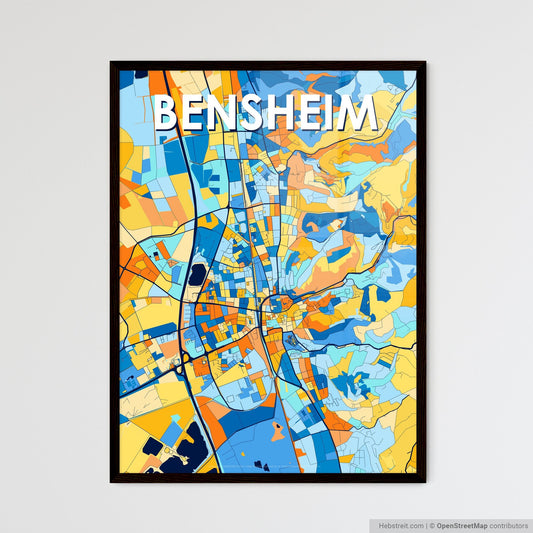 BENSHEIM GERMANY Vibrant Colorful Art Map Poster Blue Orange