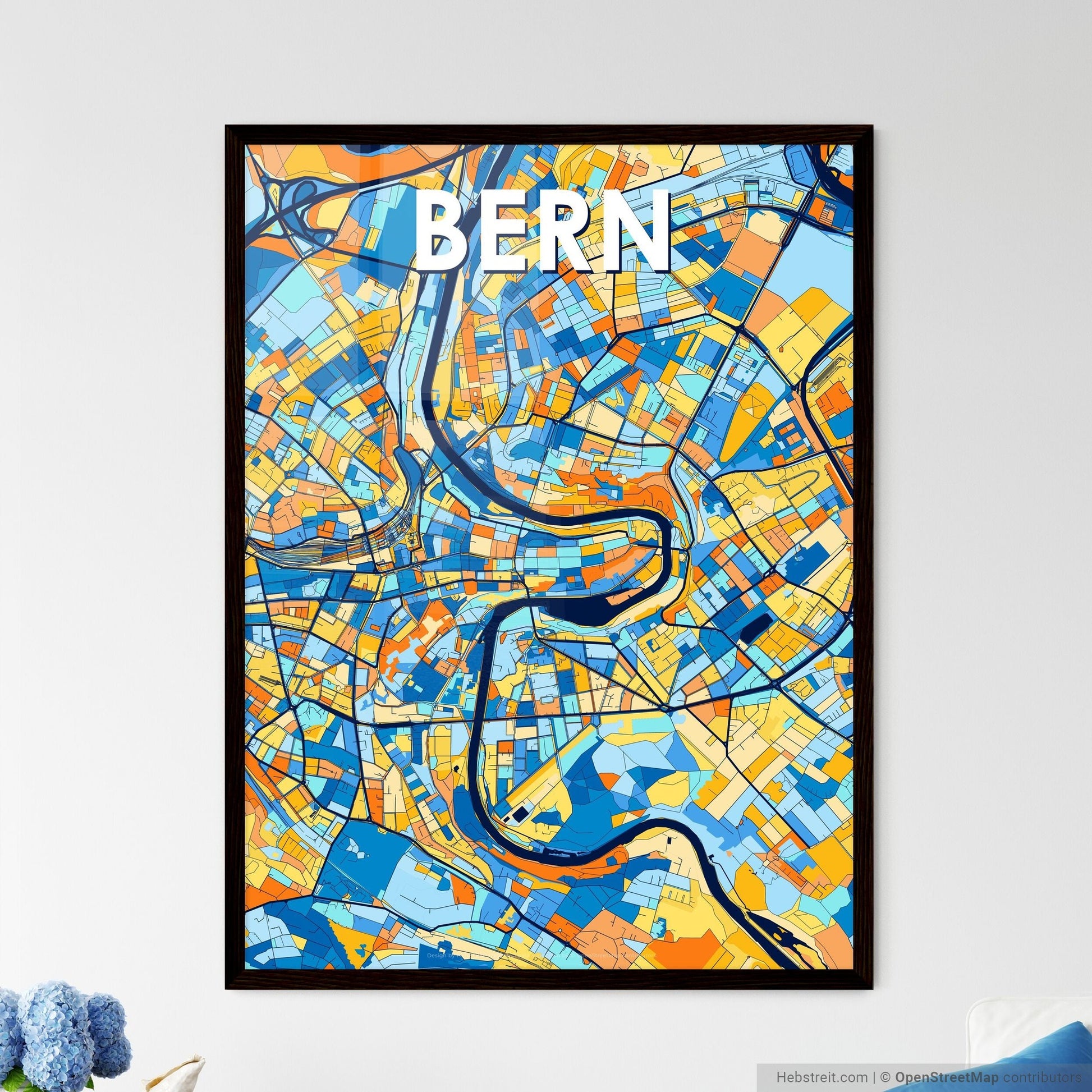 BERN SWITZERLAND Vibrant Colorful Art Map Poster Blue Orange